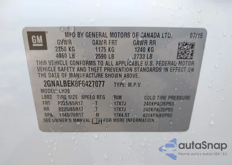 2015 Chevrolet Equinox 1Lt from USA, damaged, VIN 2GNALBEK8F6427077